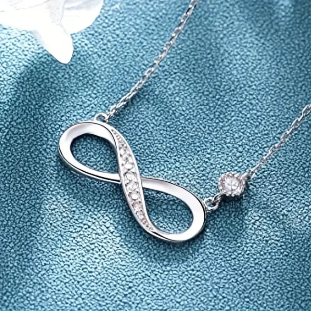 New Sterling Silver White Sapphire Infinity Design Chain Minimalist Necklace - Picture 13 of 14